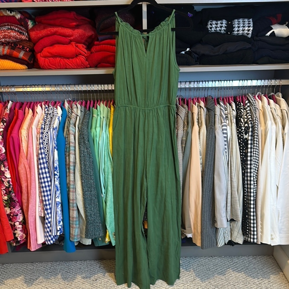 Unbranded green tie back 3 pocket sleeveless linen blend jumpsuit size S